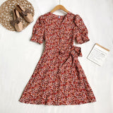 Beach Vintage Floral Print Wrap Dress Belted V Neck Short Puff Sleeve Mini Dress