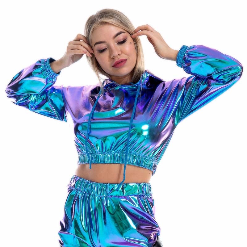 Sexy Cropped Holographic Hoodies Shiny PU Metallic Hoody Long Sleeve Short Sweatshirt with Drawstring Pullovers