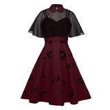 2023 Chiffon Cape Bat Print Elegant Summer Midi Dress High Waist Vintage Style 50s 60s Women Halloween Party Swing Dresses