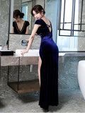 Nightclub Women's New Floor Length Evening Dress Sexy High Split Prom Gown Cap Sleeve Beading Empire Back velour Formal Dress