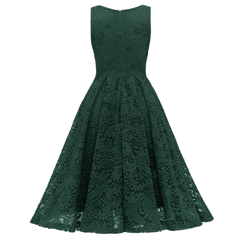 Elegant Sumer Lace Party Dress Green Red Blue Hollow Out Sleeveless Bodycon Solid Big Swing Casual Dresses Fairy Robe Femme