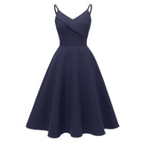 Vintage Spaghetti Strap Wrap Fit and Flare Solid Swing Women Party Night Elegant High Waist Cami Dress