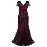 Formal dress retro 1920s sequin evening dress V-neck short sleeve mesh bead fishtail skirt women party special ocasion