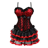 Women Victorian Vintage Corset Dress Sexy Lace Dot Print Straps Corset Bustier Top With Striped Mesh Mini Tutu Skirt Set