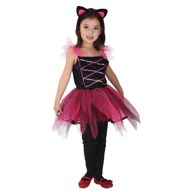 Cute Purple Black Cat Costumes for Girls Child Fancy Halloween Carnival Party New Year Dress Up Cosplay Mujer
