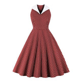 Turn-Down Collar Sleeveless Polka Dot Vintage Rockabilly Summer A-Line Robe Cotton Retro Dress