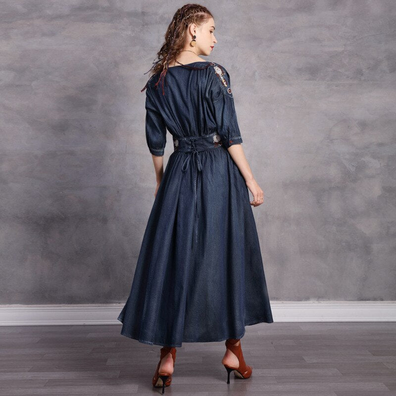 Women Spring Denim Half Sleeve Embroidery Vintage Loose Style High Waist Long Elegant Vintage Dress