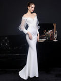 Elegant White Satin Appliques Beading Wedding Dress Women See through Tulle Long Sleeve Party Dress