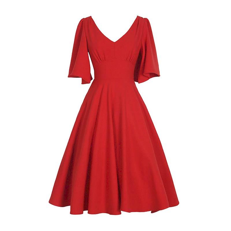 2023 Retro Women Red Vintage 50s Dress Flare Sleeves Solid V-Neck High Waisted Zipper Large Swing Rockabilly A-Line Party Jurken