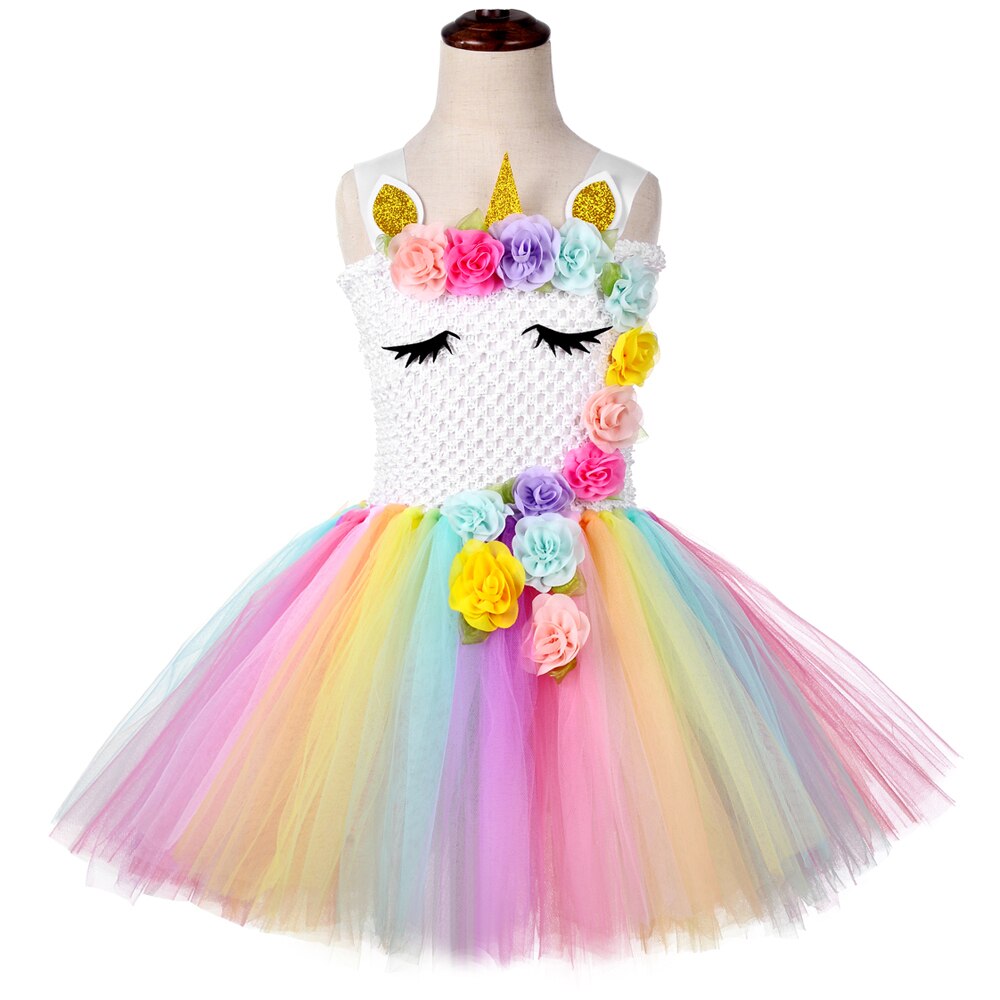 Rainbow Unicorn Costume Girls Princess Dress Up Clothes Summer Tutu Dresses with Flowers Kids Girl Unicorn Birthday Party Gifts