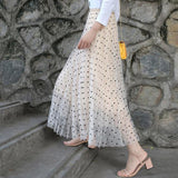 Long Women Korean Polka Dot High Waist Mesh Pleated Skirt