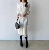 Crew Neck Long Sleeve Button Up Cardigan Sweater Dress With Belt Office Elegant Knitted Midi Dress