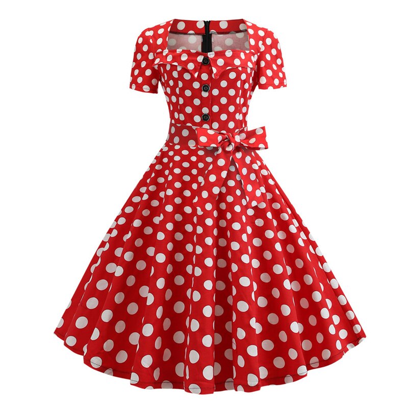 Square Neck Button Front Rockabilly Vintage 50s Robe Women Dresses Summer Belted Office Lady Solid Swing Dress