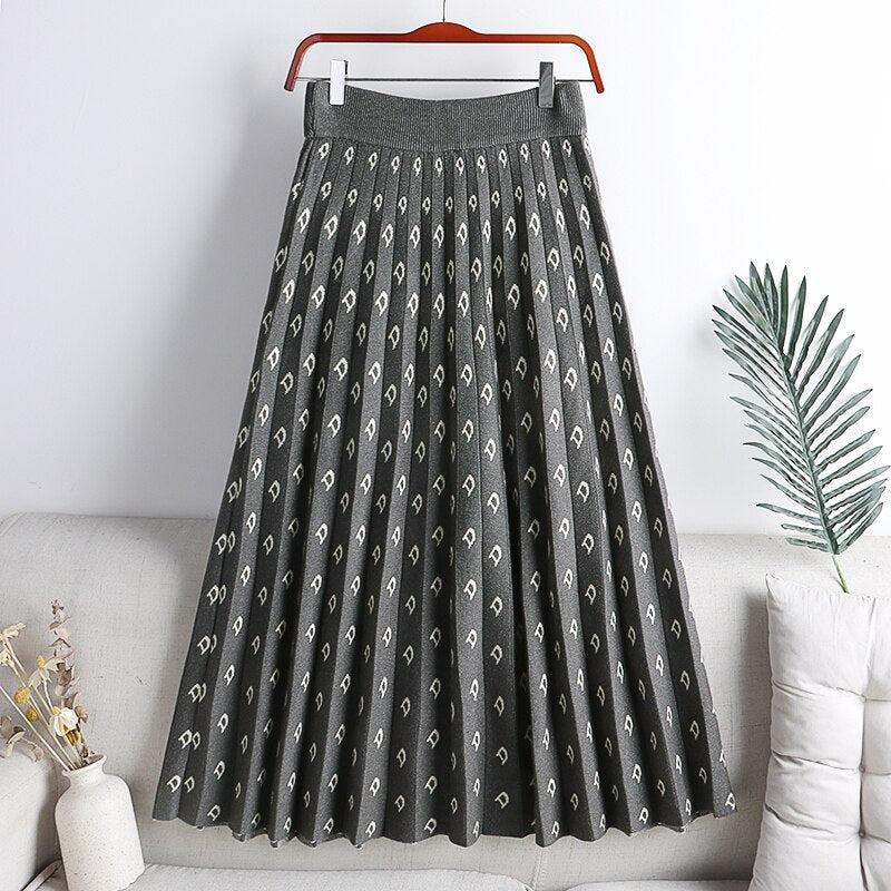 High Waist Fall Winter Letter Knitted Pleated Skirts Elastic Waist A Line Casual Midi Skirt