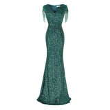 V-neck Sequins Evening Dress Women Elegant Beaded Long Evenning Party Dress Mermaid Formal Dresses