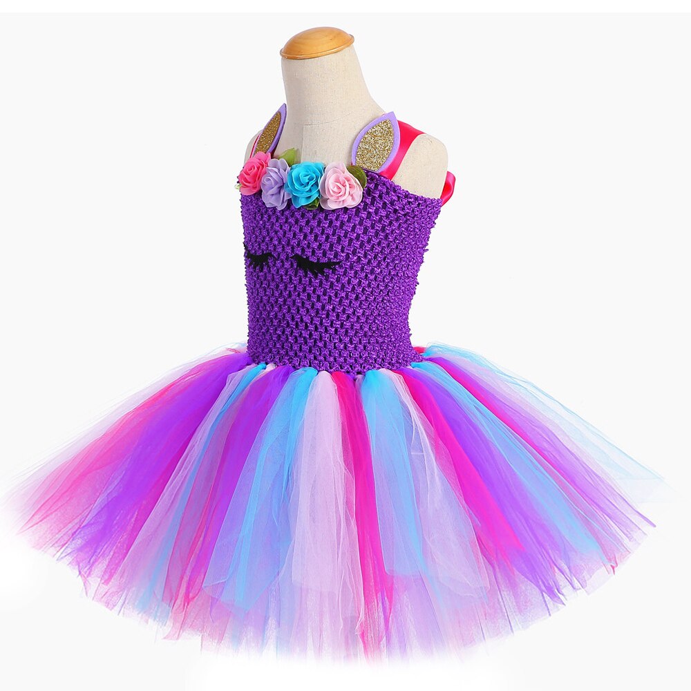 Purple Flower Unicorn Tutu Dress for Girls Princess Wings Dresses Halloween Costumes for Kids Girl Birthday Outfit Clothes 1-14Y