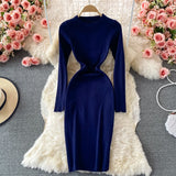 Women Crew Neck Long Sleeve Basic Casual Knitted Warm Knee Length Midi Dress Elegant Bodycon Dress