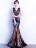 Sleeveless V-neck Evening Dress Black-Burgundy Mermaid Formal Party Dresses Shinning Sequins Floor-length Prom Gowns Backless