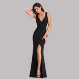 New Black Mermaid Evening Dress Gown Elegant Sexy V-neck Pleated Waist High Slit Taffta Banquet Dinner Prom Party Dress Vestidos