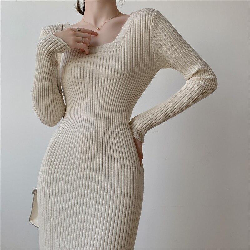 Autumn Winter Elegant Square Neck Long Sleeve Warm Ribbed Knitted Dress Sexy Bodycon Midi Dress