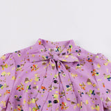 Lilac Women Bow Tie Neck Button Up High Waist Ruffles Hem Colorful Print Elegant Office Ladies Dresses