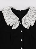 Black Kawaii Dress Tunic Midi Robe Femme Lace Collar Patchwork  High Waist 50s 60s Swing Pin Up Rockabilly Vintage Chic Dress