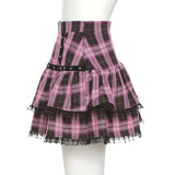 Plaid Print Y2K Ruffle Kawaii Mini Girl Skirt High Waist Lolita Student Korean Japanese Lace Skater Sweet Short Cake Skirts