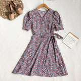 Beach Vintage Floral Print Wrap Dress Belted V Neck Short Puff Sleeve Mini Dress