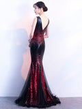 Sleeveless V-neck Evening Dress Black-Burgundy Mermaid Formal Party Dresses Shinning Sequins Floor-length Prom Gowns Backless