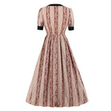 Color Block Vintage Floral Print Elegant Party Midi O-Neck Button Up Elastic Waist Robe Dress
