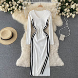 Fall Winter Midi Elegant V Neck Long Sleeve Knitted Dress Side Slit Striped Sexy Bodycon Dress