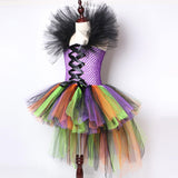 High Low Witch Tutu Dress for Girls Halloween Costumes for Kids Cosplay Party Dresses with Hat Broom Children Trailing Outfits