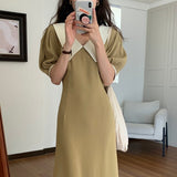 Women Harajuku Summer Short Sleeve Midi Holiday Chic A-line Popular Loose Lapel Retro Fashion Dress