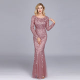 Plus Size Evening Dresses Mermaid O Neck Full Sleeve Lace Appliques Tulle Long Party Gown Robe Soiree Elegant Formal Dress