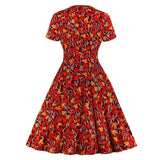 Multicolor Floral Print High Waist Vintage Pinup A Line Short Sleeve Autumn Women Pocket Elegant Party Dress