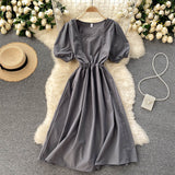 Vintage Square Neck Short Puff Sleeve Waist Back Tie Chic Casual Midi Dress