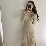 Elegant Office Lady Pleated Dress Crew Neck Long Sleeve Button Casual Knitted Midi Dress