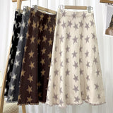 Contrast Color Star Pattern Casual Elastic High Waist Frayed Hem A Line Knit Midi Skirt