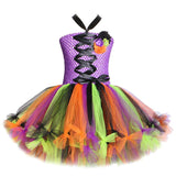 Witch Halloween Costumes for Girls Kids Sorceress Tutu Dress with Hat Children Cosplay Dresses for Carnival Party Colorful Tutus