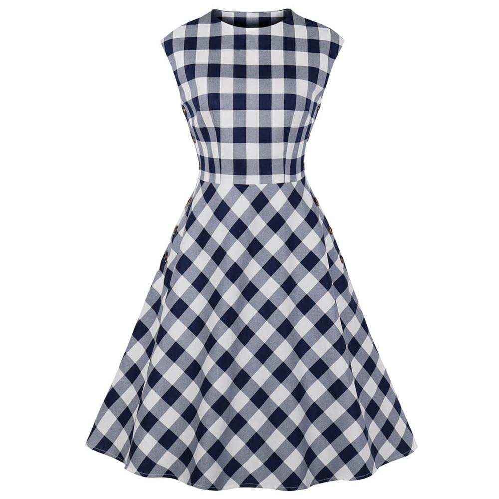 2023 Cotton Office Plaid Print Vintage Dress Women Sleeveless Button Side Swing Pinup Chic Vestidos Summer A-Line Party Sundress