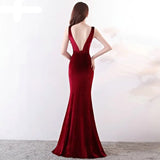 New V-neck Beading Long Evening Dress Sexy Backless Velour Evening Party Dress