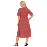 Women Plus Size Summer V Neck Short Sleeve High Waist Print Midi Casual Dresses With Pockets