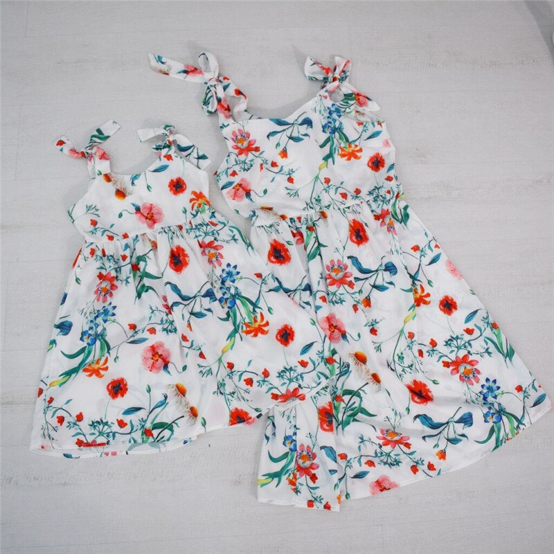 Family Matching Outfits Mommy and Me Summer Girls Flower Printed Vest Princess Dress Women Suits Mother and Daughter Clothes