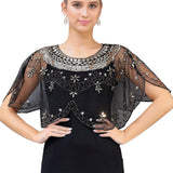 Vintage Boroque Embroidery Floral Sequin Shawl Elegant Sheer See-through Mesh Beaded 1920s Flapper Party Cover up Poncho