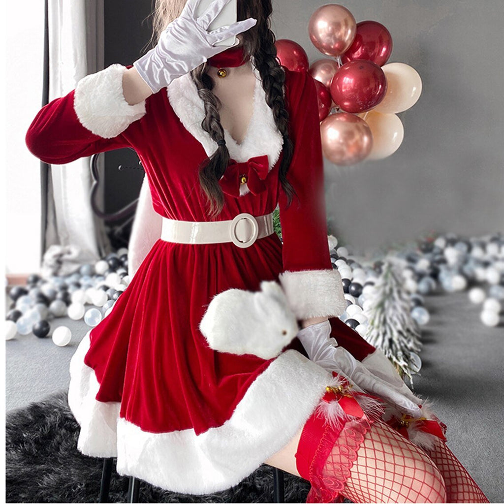 2021 Women Christmas Xmas Lady Santa Claus Cosplay Costume Sexy Lingerie Winter Long Sleeve Red Dress Maid Bunny Girl Uniform