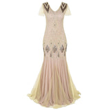 Formal Retro 1920s Sequin Evening Dress V-Neck Short Sleeve Mesh Bead Fishtail Skirt