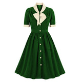 1950s Elegant Women Short Sleeve Bowknot Button Robe Pin Up Swing Retro Party Vintage Dress