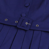 Vintage Style Bow Tie Neck Button Up Elegant Midi Pleated Summer Belted Pinup 50S Solid Dress