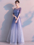Blue O-neck Evening Dress Embroidered Party Dress Half-Sleeve A-line Gown Elegant Tulle Long Robe