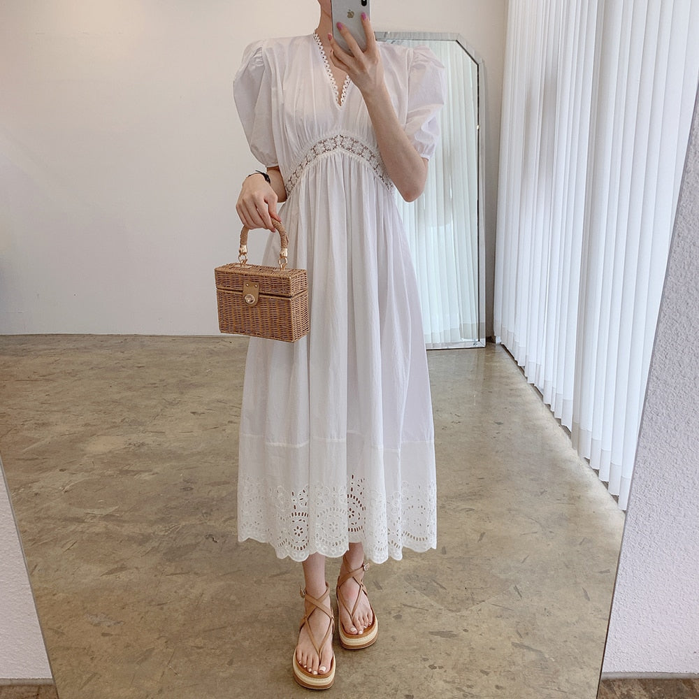 Beach Summer Dress Women V Neck Short Puff Sleeve Lace Trim Elegant Midi White Dress Openwork Embroidery Hem Boho Dress